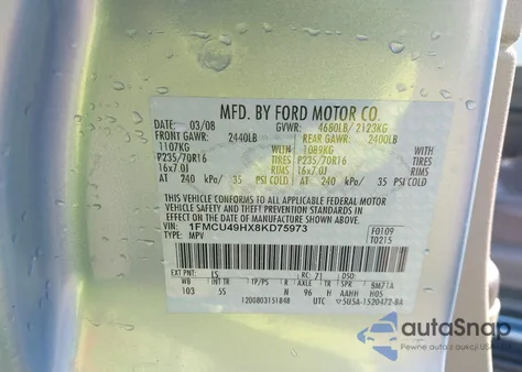 2008 Ford Escape Hybrid z USA, uszkodzony, nr VIN 1FMCU49HX8KD75973